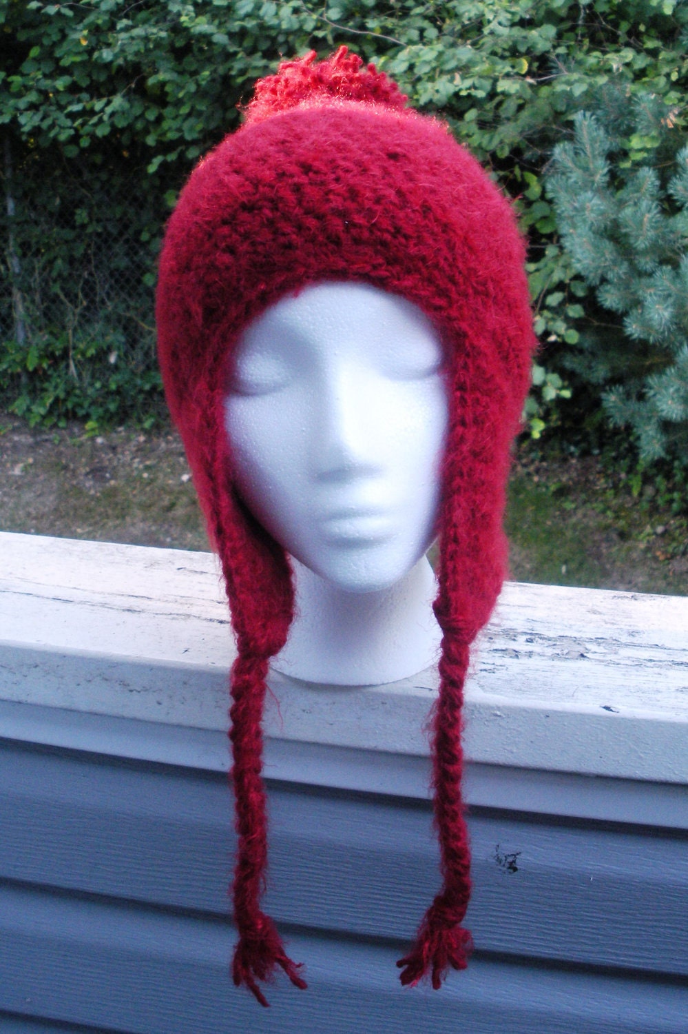 Ultra soft Crochet earflap beanie with pom pom poof in Deep Red, ready to ship.