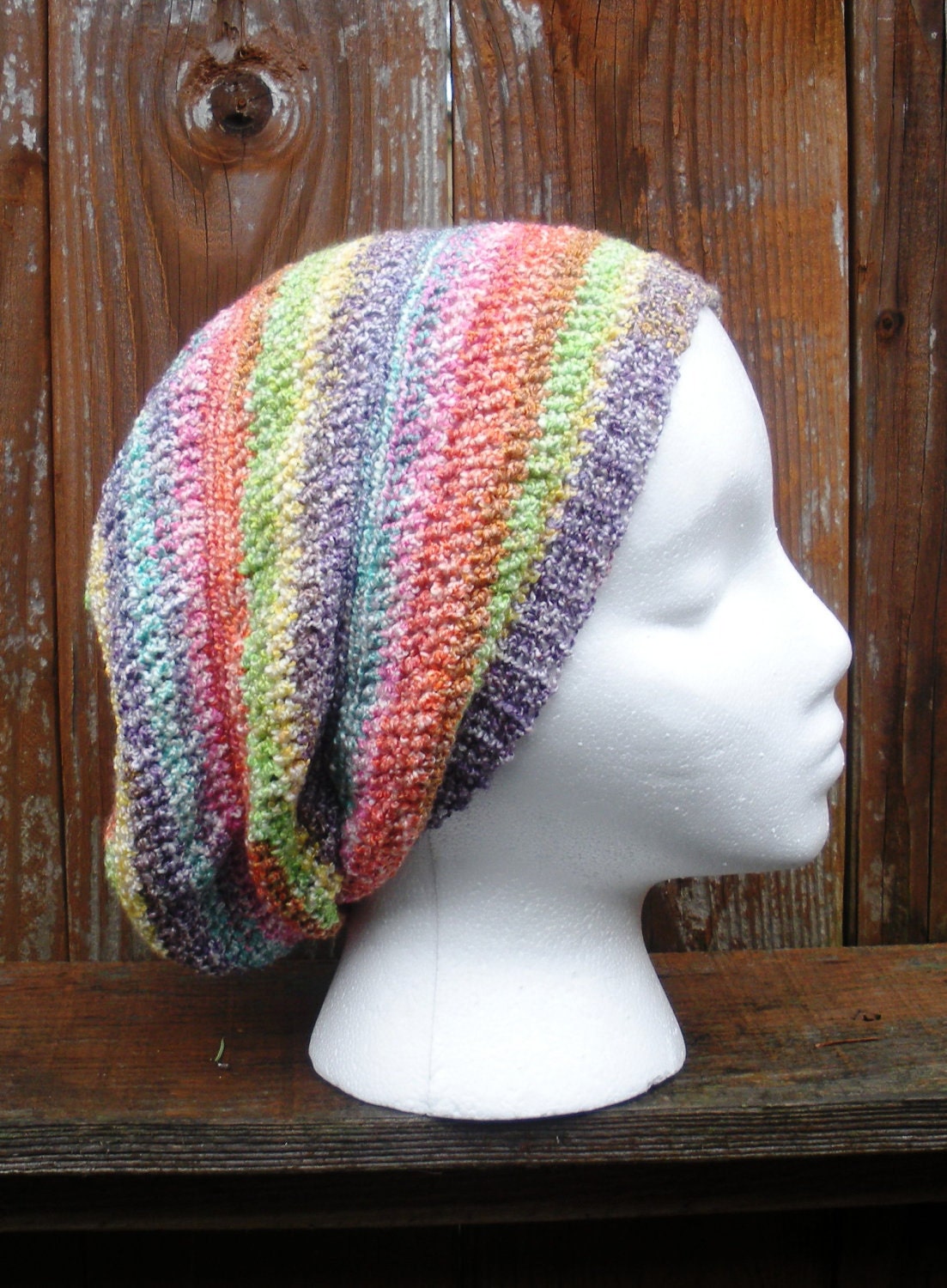 Pastel Rainbow Striped Crochet Slouchy Tam Beanie Hat Spring fashion, MADE TO ORDER.