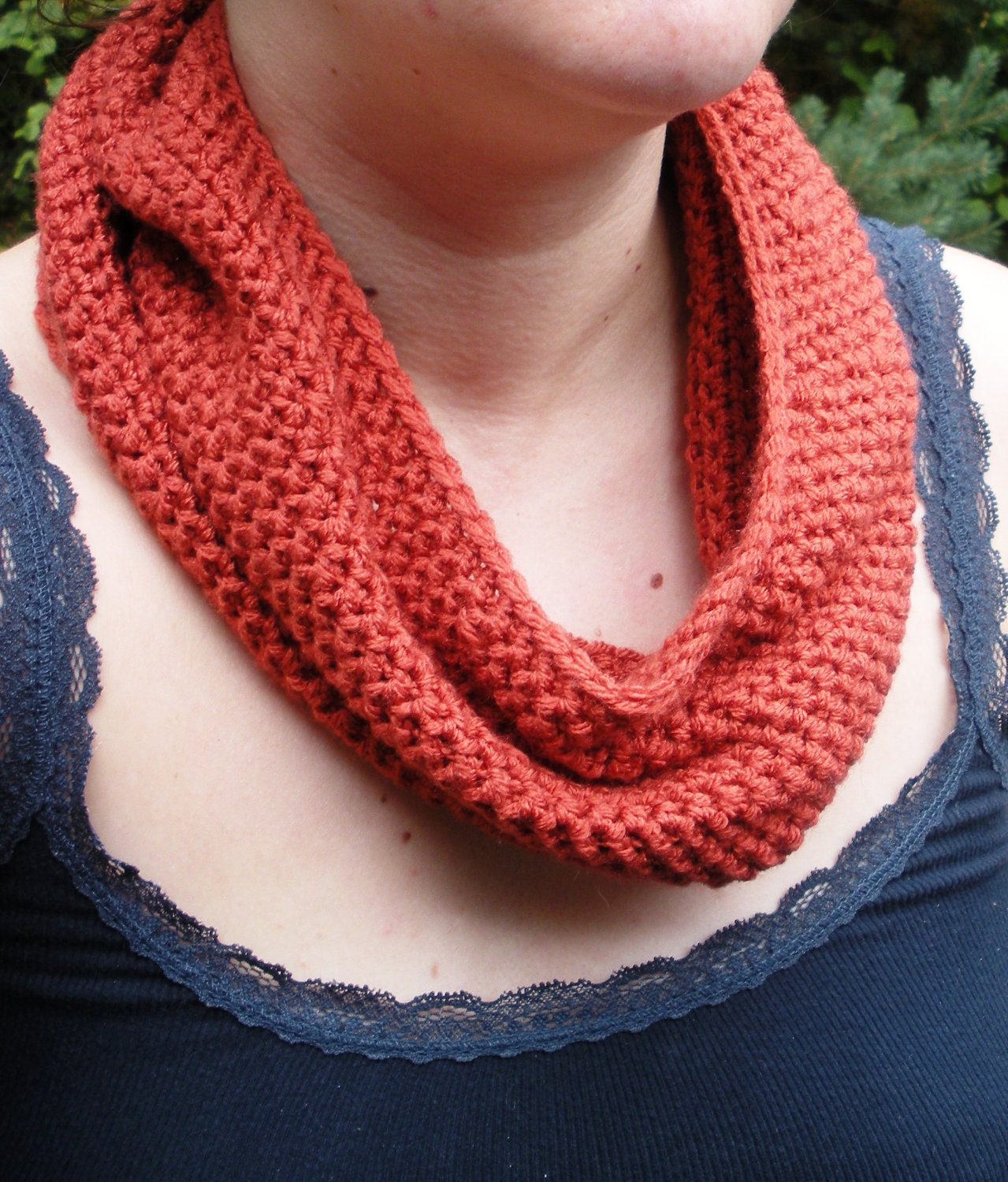 Peach Rust Crochet Cowl circular scarf neck warmer, unisex, ready to ship.