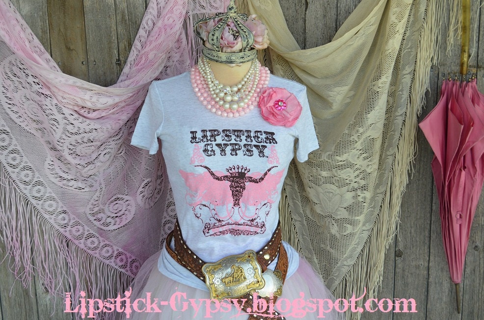 Blow Out SALE 50% Off SMALL ONLY -Lipstick Gypsy Signature T-Shirt, Cowgirl, Boho, Hippie, Prairie Style Soft Vintage Wash Perfect Longhorn