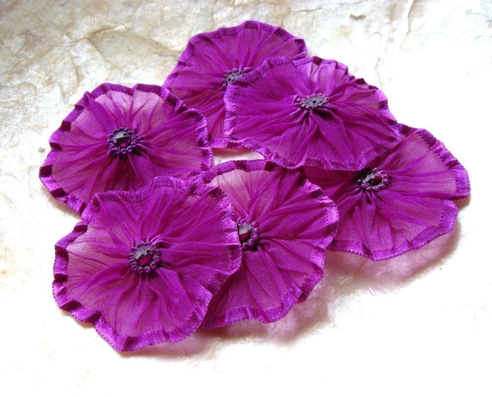 Handmade Organza Ribbon Yo Yo PURPLE 6 flowers