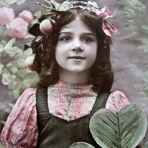Antique christmas photo postcard, girl with mistletoe, 1910's