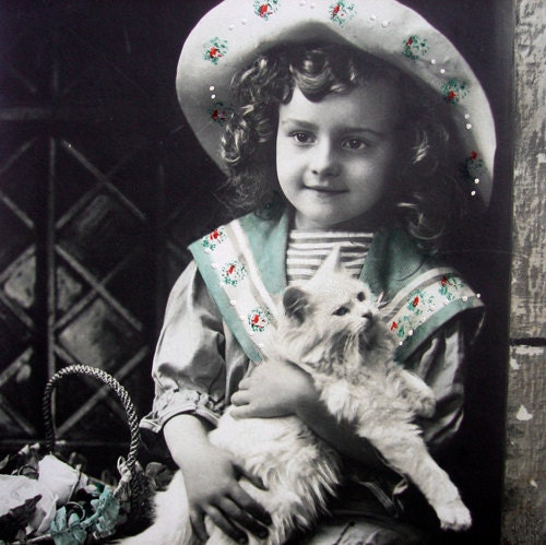 RESERVED for Scarletfae - Girl, cat, Edwardian photo postcard - please do not buy unless you're Scarletfae