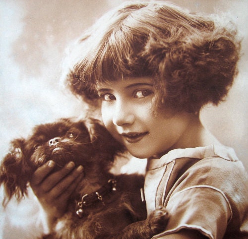 Layaway for Jannette - Vintage toy dog / pekingese dog with girl photo postcard, ca 1920 - please do not buy unless you're Jannette.