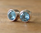 Swiss Blue Topaz and Recycled Sterling Stud Earrings 5mm Faceted Gemstone