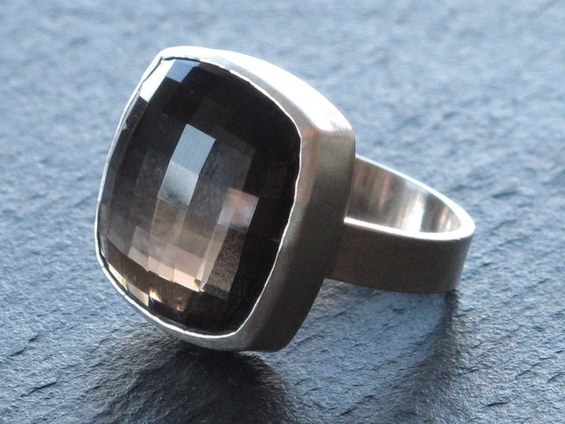 Smoky Quartz Ring in Sterling Silver Checkerboard Cut Large Gemstone Cocktail Ring Modern