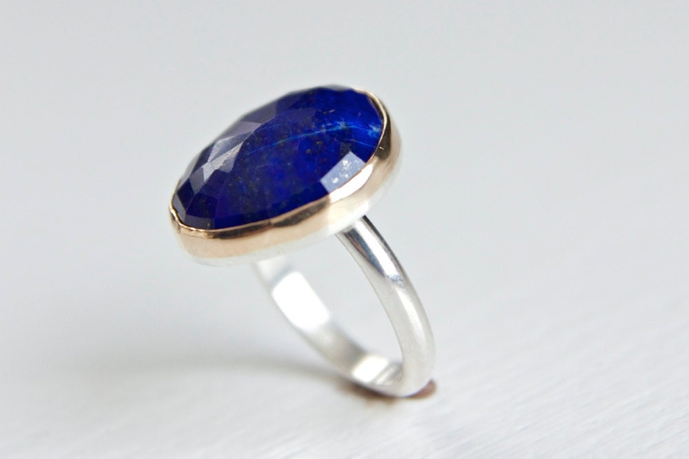 Lapis Ring in Recycled 14k Gold and Sterling Silver - free form rose cut stone