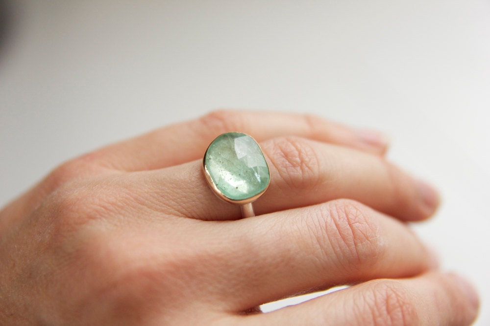 Colombian Emerald Ring in Recycled 14k Gold and Sterling Silver -Free Form Rose Cut Gemstone