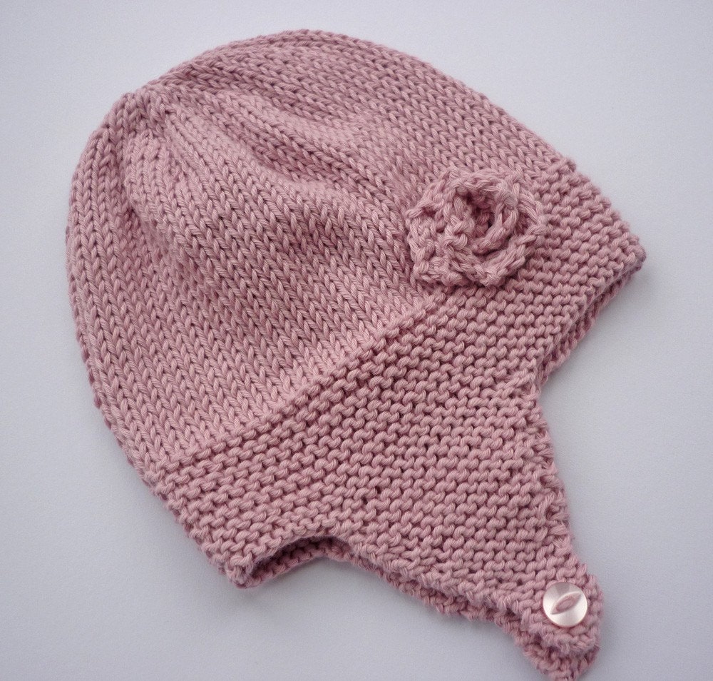 Knitting Pattern Baby Earflap Hat with rose flower by