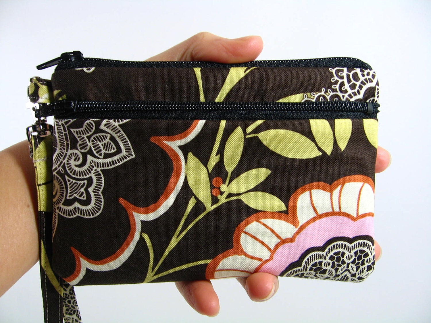 Small Wristlet-- Amy Butler Lotus Lacework Olive -- ID holder/Coin purse/Cell phone holder