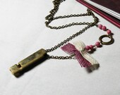 Whistle Pendant with pink ornaments - metallic jewelry - bow jewelry - statement jewelry