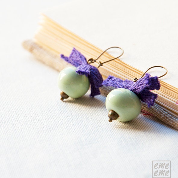 Earrings Light green ceramic beads and purple bows - bow jewelry - drop earrings - dangle earrings - Mother's Day Gifts
