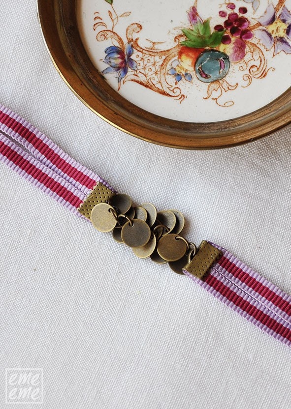 Bracelet Antique gold plated brass charms and double purple ribbon bracelet - Mother's Day Gifts