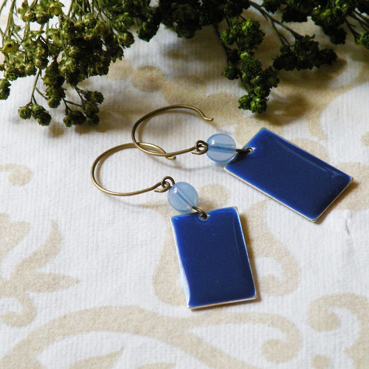Blue Enamel Earrings - Rectangle Dark blue enamel - Blue Sapphire - geometric blue jewelry - drop earrings - dangle earrings