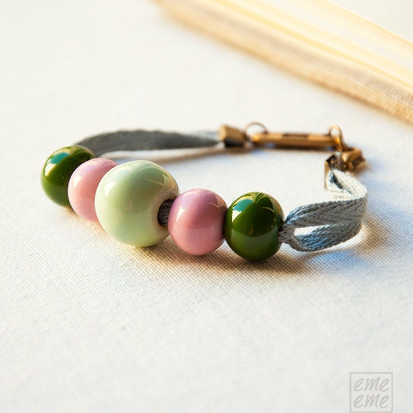 Ceramic Bracelet - Green and Pink ceramic beads and light blue ribbon - porcelain jewelry - friendship bracelet - women mint fashion