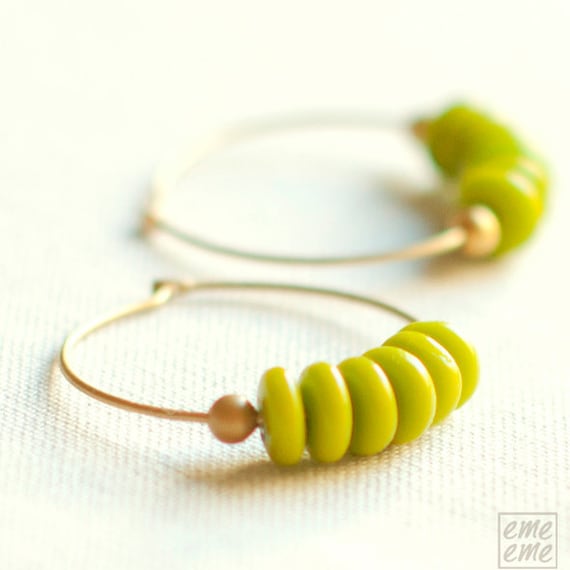 Beaded Hoop Earrings - matte golden hoop and lime green glass beads - neon jewelry - modern earrings - Mother's Day Gifts