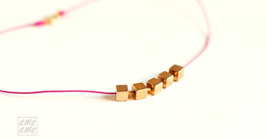 Necklace Vintage Brass Cubes and Fuchsia cotton cord - holiday jewelry - Neon Womens - neon jewelry - choker - Mother's Day Gifts