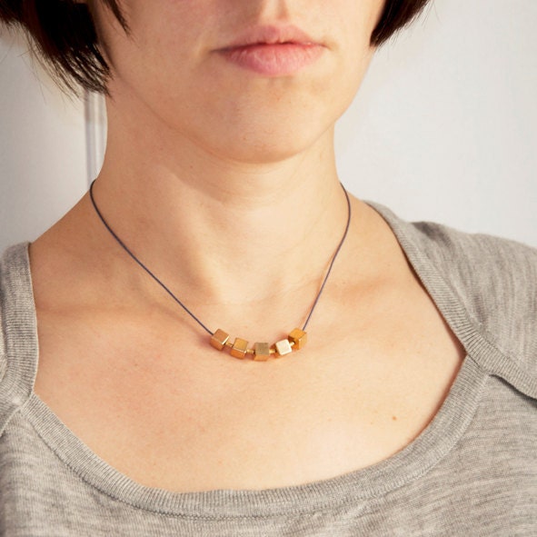 Necklace Vintage Brass Cubes and blue cotton cord - metallic jewelry - choker - Mother's Day Gifts