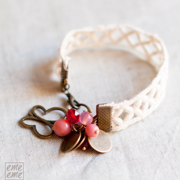 Lace Bracelet - White Lace red and pink glass beads - butterfly bracelet - bangle bracelet - romantic jewelry - blush - Mother's Day Gifts