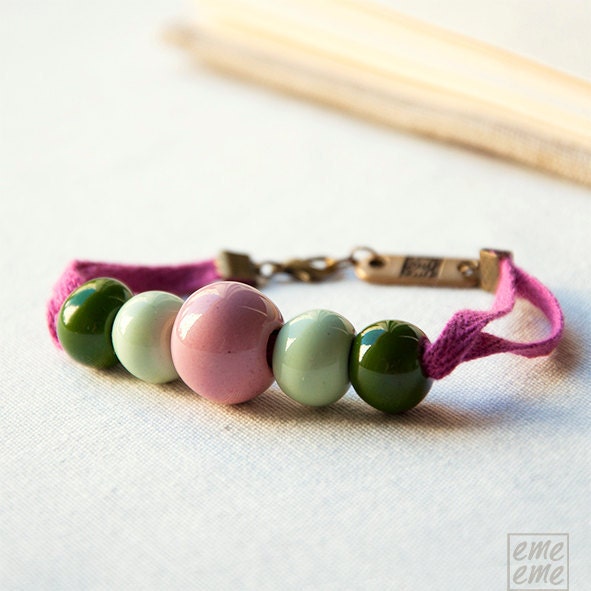 Ceramic Bracelet - Pink and green ceramic beads and pink ribbon - ceramic jewelry - porcelain jewelry - friendship bracelet - mothers day