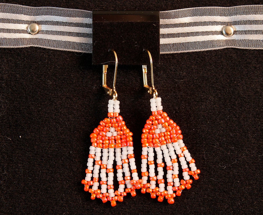 Orange and White Beaded Earrings - andreagoo