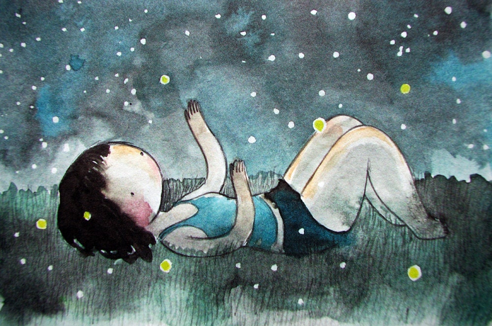 Fireflies 8x10 print - watercolor drawing and painting of a girl in the grass