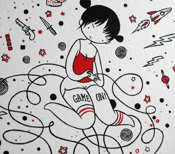 Game On - 8x10 cute video game girl drawing watercolor print