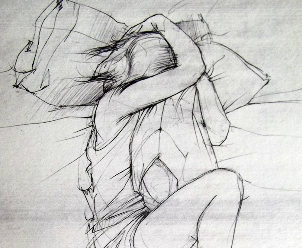 The Science of Missing You 8x10 fine art print - delicate gray drawing of a girl and her pillow