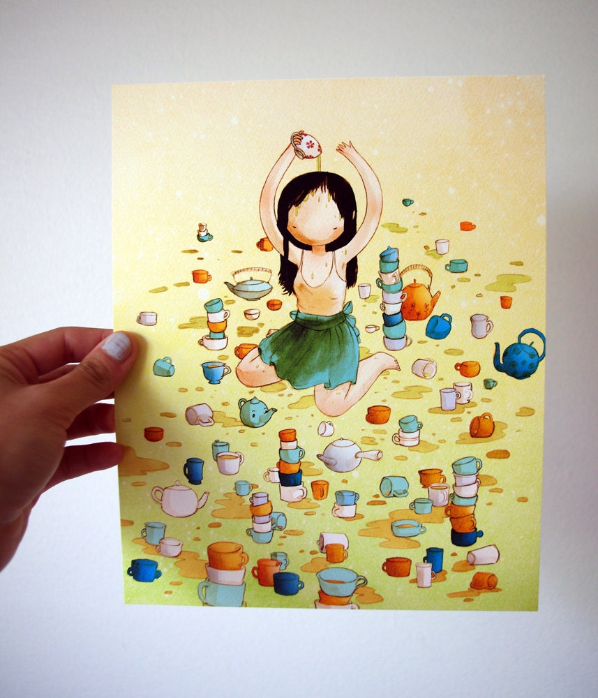 Tea tea tea 8x10 print - drawing watercolor obsessive compulsive tea addict girl