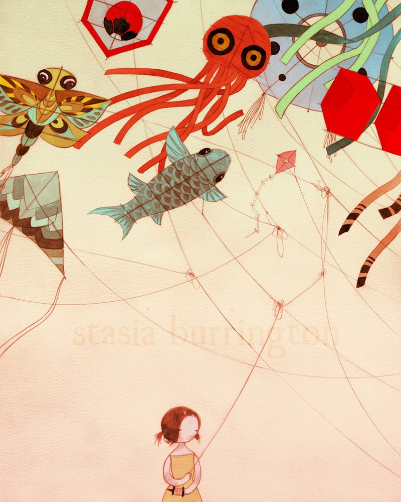 Tangled 8x10 color art print - drawing watercolor mixed media girl and japanese kites