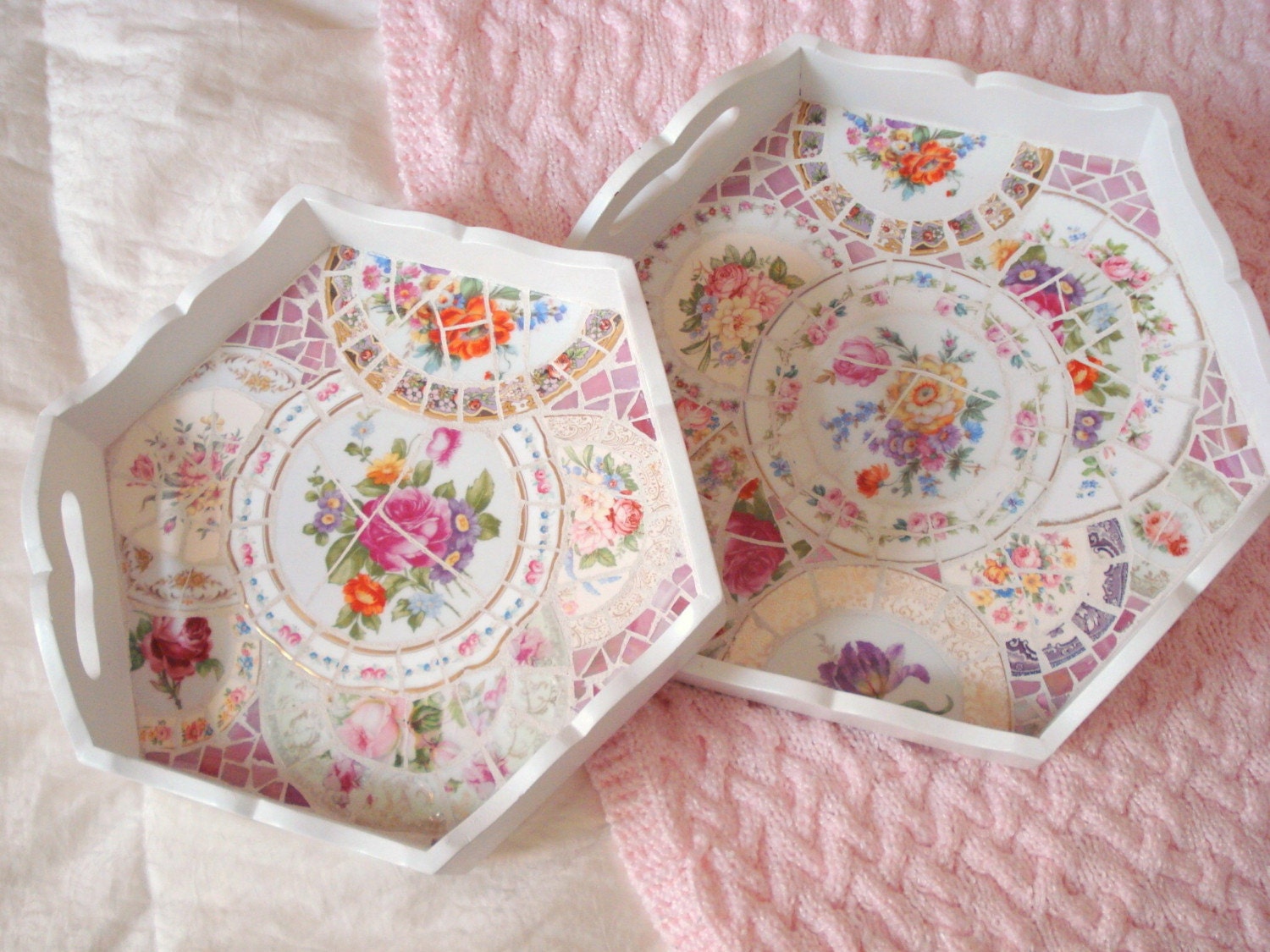 Vintage Broken China Mosaic Pair of Nesting Trays Beautiful Shabby Cottage Roses