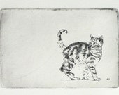 original etching of a curious walking cat