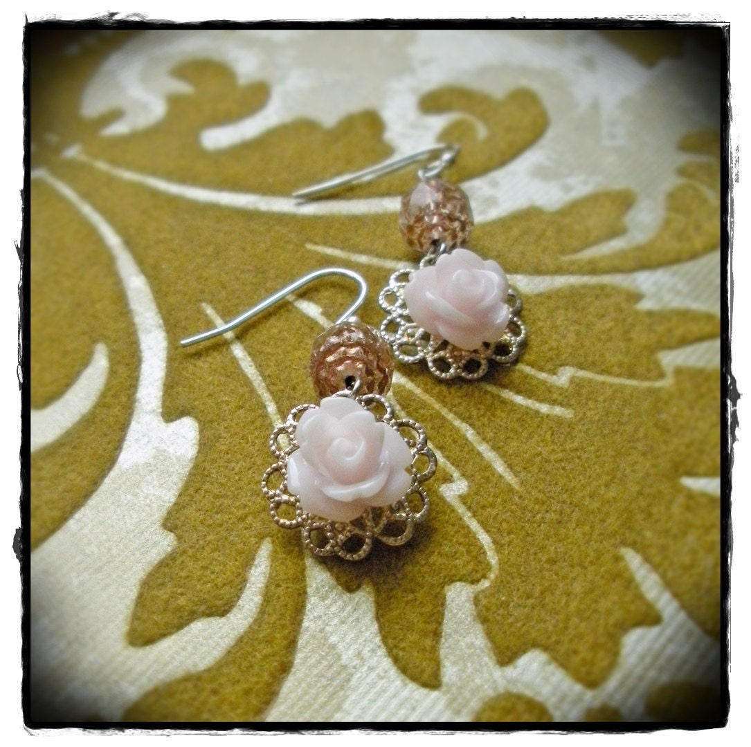 Delicate Pink Rose Silver Earrings