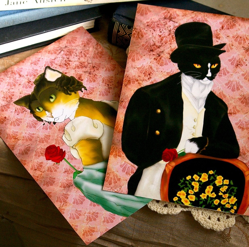 Regency Cat Art, Mr Darcy and Elizabeth Bennet Cat, Tuxedo Cat, Calico Cat, Tara Fly Art