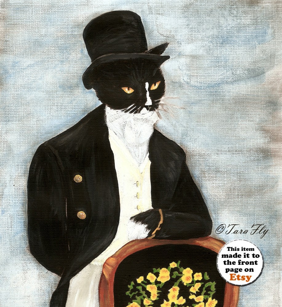 Tuxedo Cat Art, Mr Darcy Cat Gentleman Wearing Coat and Top Hat 8x10 Art Print