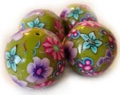 Polymer Clay  big round flower beads in green , pink , purple and blue