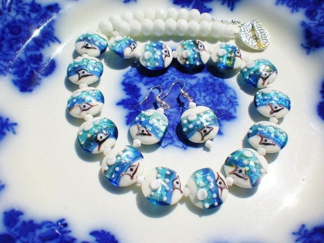 RESERVED for Patience Lampwork Glass Swarovski White Waves Necklace and Earrings Set
