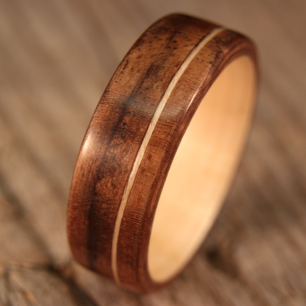 Size 13 - Beeswing Walnut Lined With Maple With Offset Maple Inlay Bentwood Ring - Handcrafted Wooden Ring