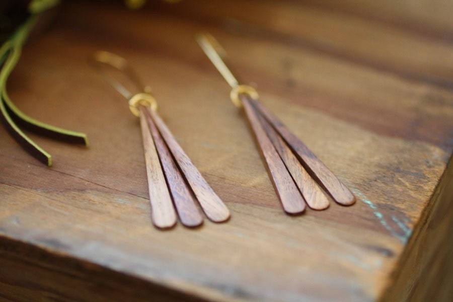 Modern Teak Wood Fan Earrings