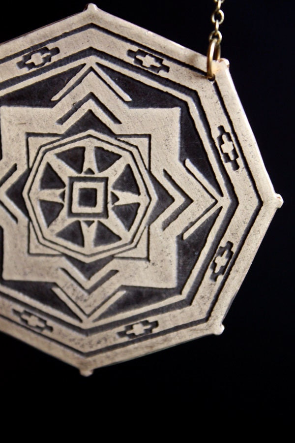 Hypnotized - Geometric Etched Brass God's Eye Necklace with Native Inspired Patterns