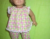 2 pc pajama set.  pink and green.  Lace around edges.  18" American Girl  Doll Clothes
