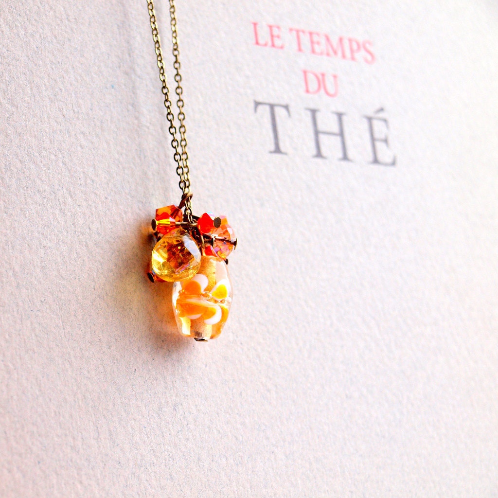 Orange long necklace with vintage gold chain