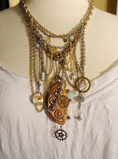 Steampunk Assemblage Bib Necklace - Chained in Time - InVintageHeaven
