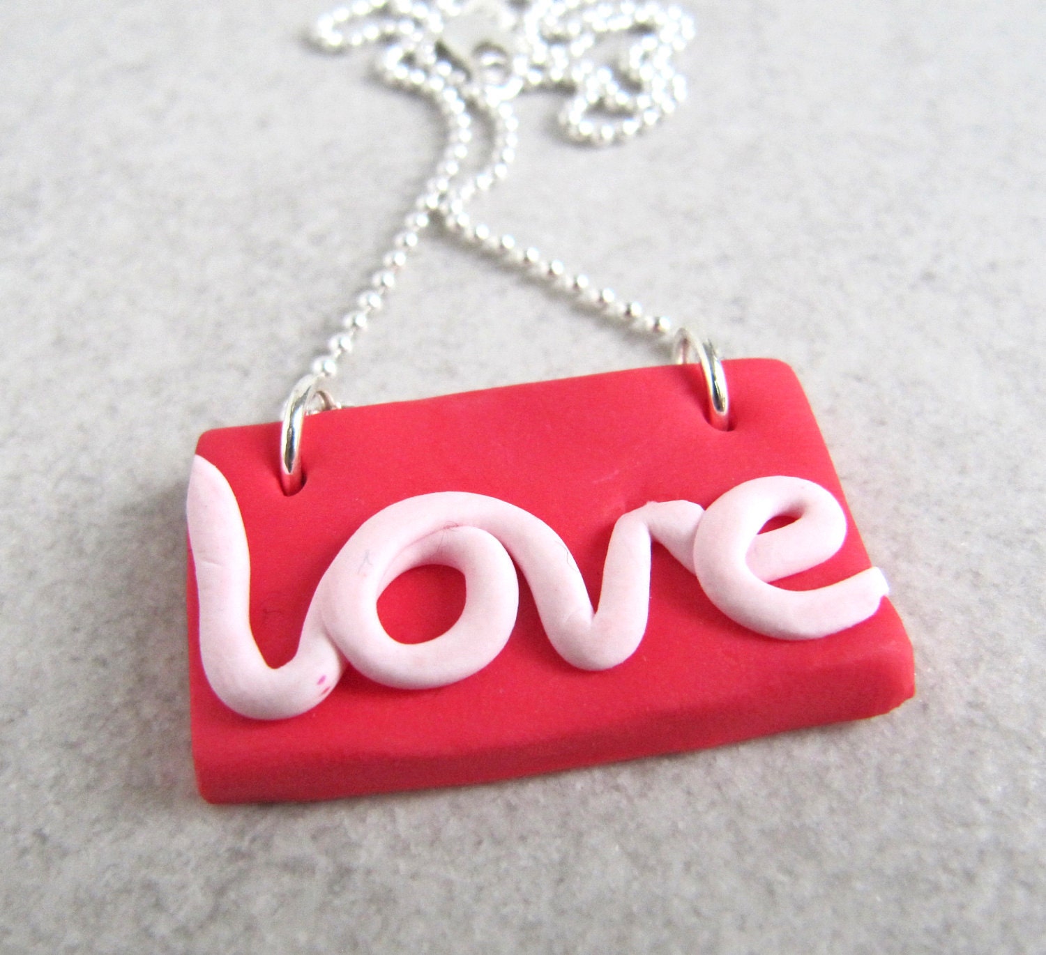 All You Need Is Love necklace - Sterling silver chain, polymer clay - red, white
