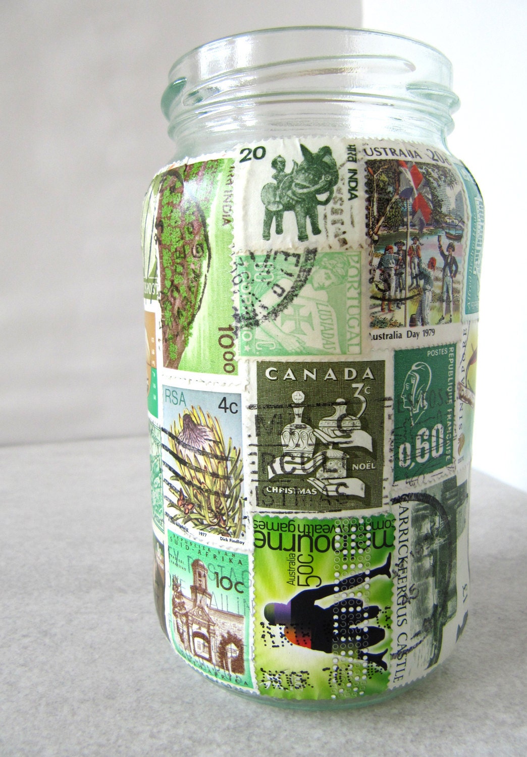 Stamp Lamp - upcycled glass jar tealight candle holder OOAK - green