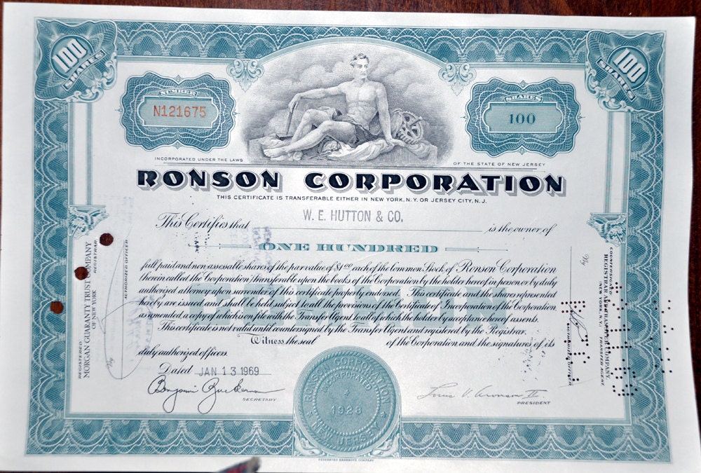 Ronson Corporation  Stock certificate  100 Shares