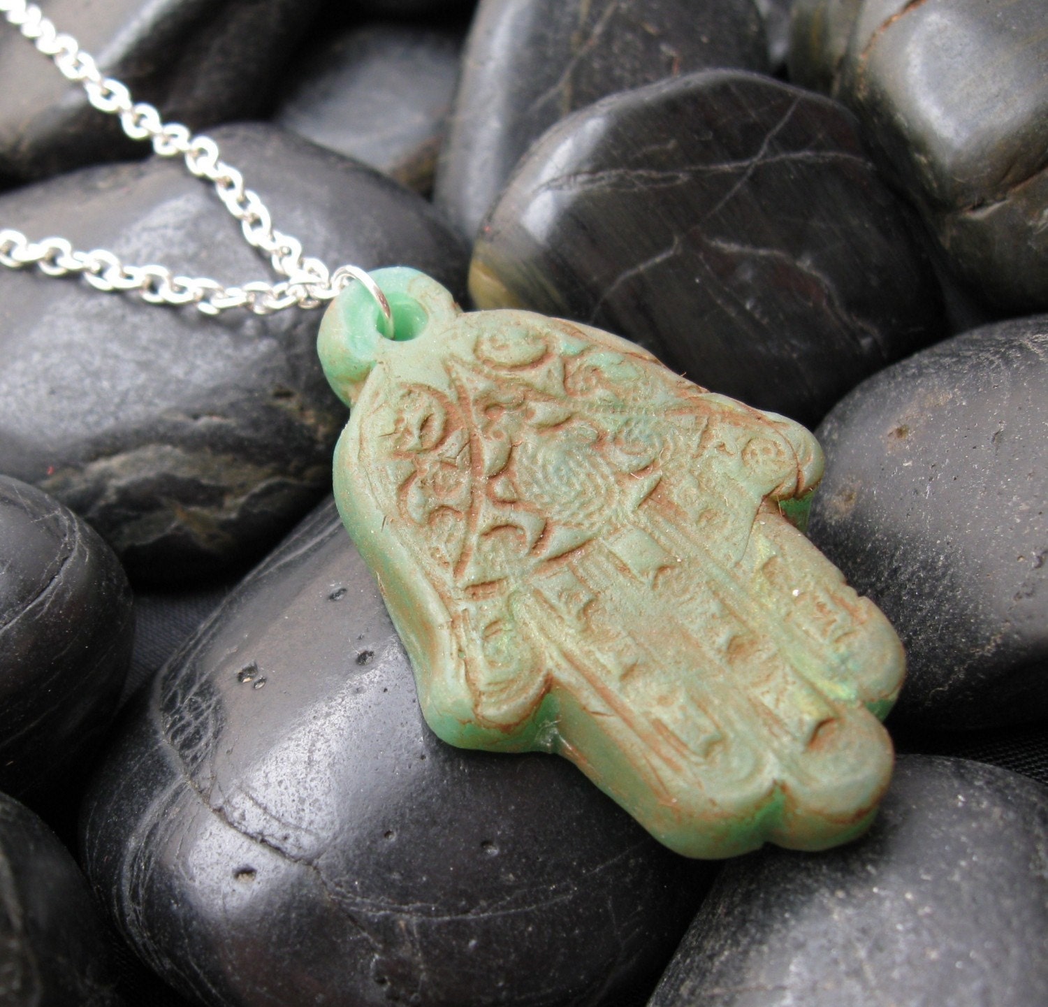Antique jade Hand of Fatima necklace, handmade jewelry by theshagbag on Etsy