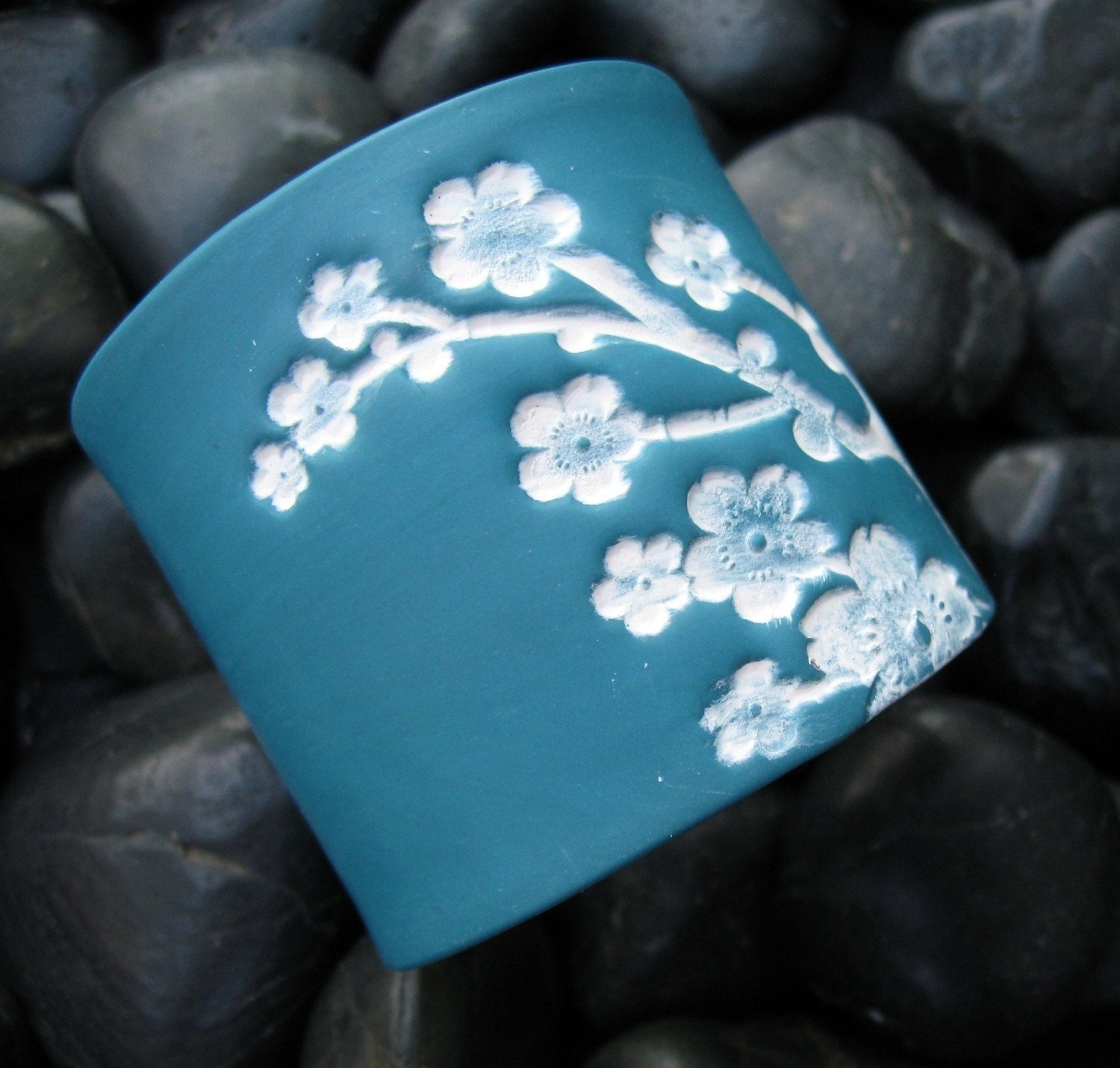 Dark Turquoise Cuff Bracelet, Light Pink Asian Floral, Handmade jewelry by theshagbag on Etsy