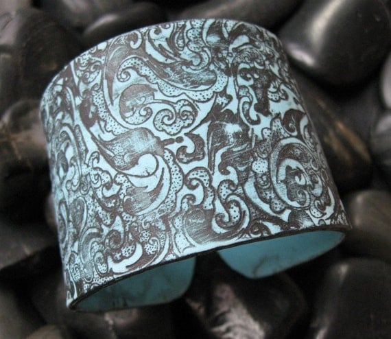Turquoise Blue Cuff Bracelet Asian Ornate Black Design, Handmade jewelry by theshagbag on Etsy
