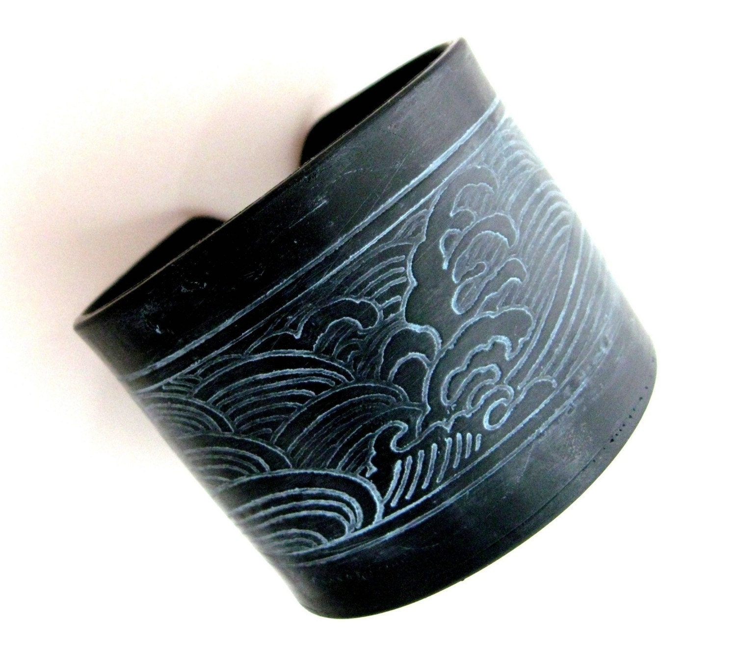 Huge Weekend SALE Japanese Wave Black Cuff Bracelet, Handmade Jewelry by theshagbag on Etsy